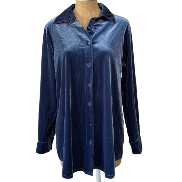 Soft Surroundings Legion Blue Velvet Boyfriend Tunic Shirt Women's Medium EUC - Picture 3 of 10